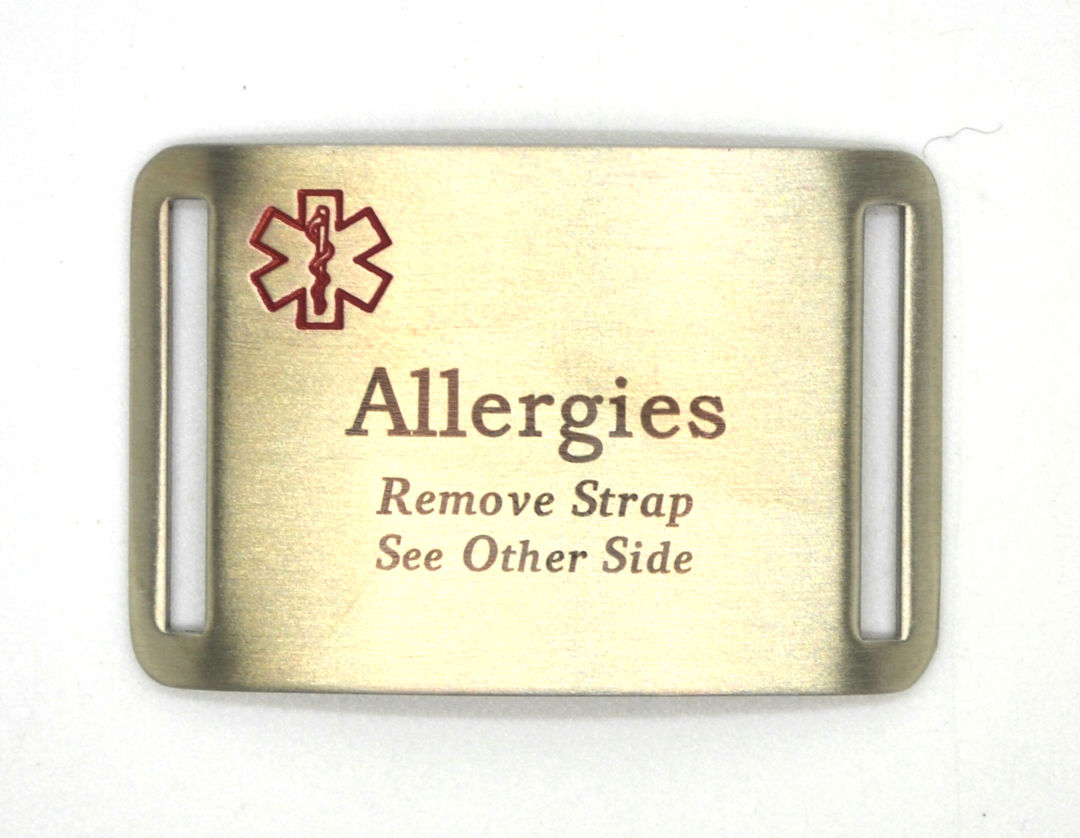 Stainless Steel Medical Alert Plaque - Allergies, Remove Strap, See Other Side image 0