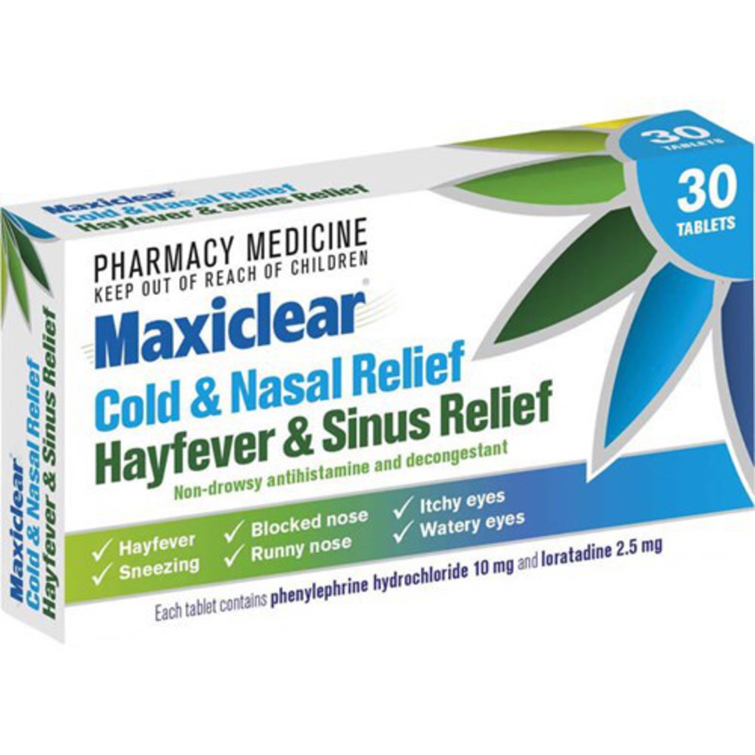 Maxiclear Hayfever and Sinus Relief Tablets (Loratadine & Phenylephrine) 30 Tablets image 0