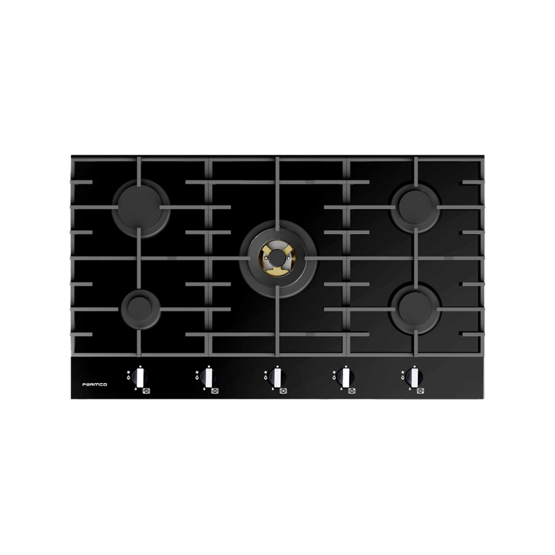 parmco 90cm 4 burner + wok black glass gas hob image 0