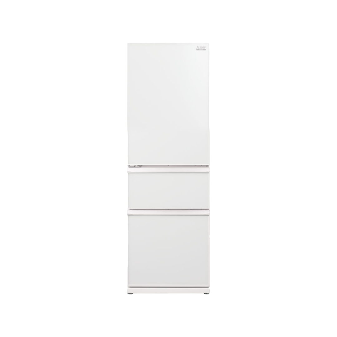 mitsubishi cx white glass left hand multi drawer fridge freezer image 0