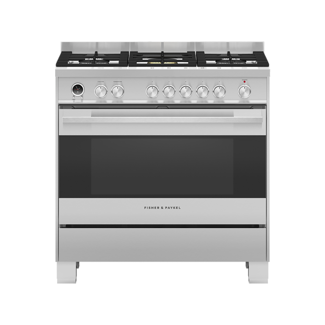 FISHER & PAYKEL 90CM DUAL FUEL STAINLESS STEEL FREESTANDING COOKER image 0