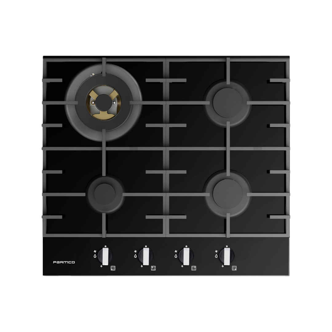 parmco 60cm 3 burner + wok black glass gas hob image 0