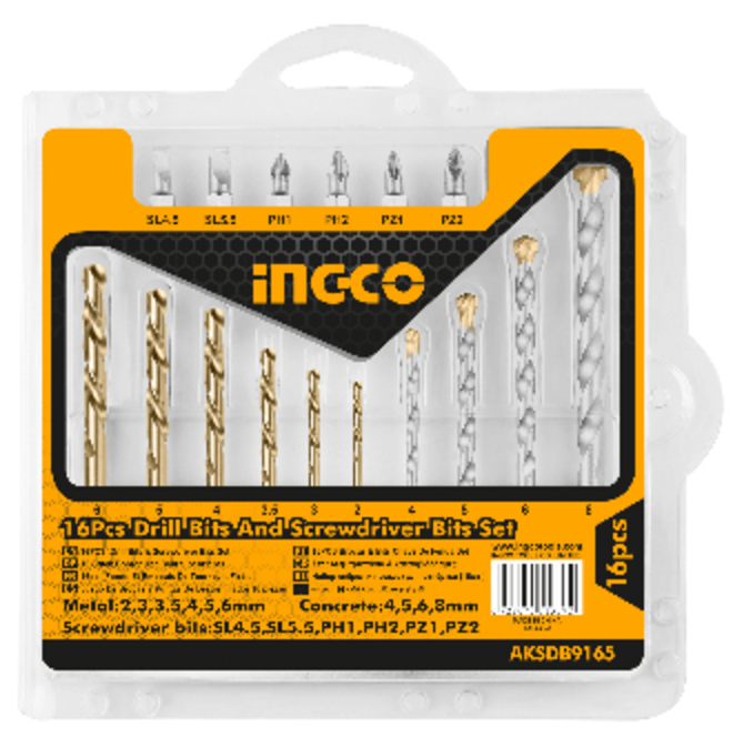 Ingco 16 Piece Drill Bits and Screwdriver Bits Set image 0