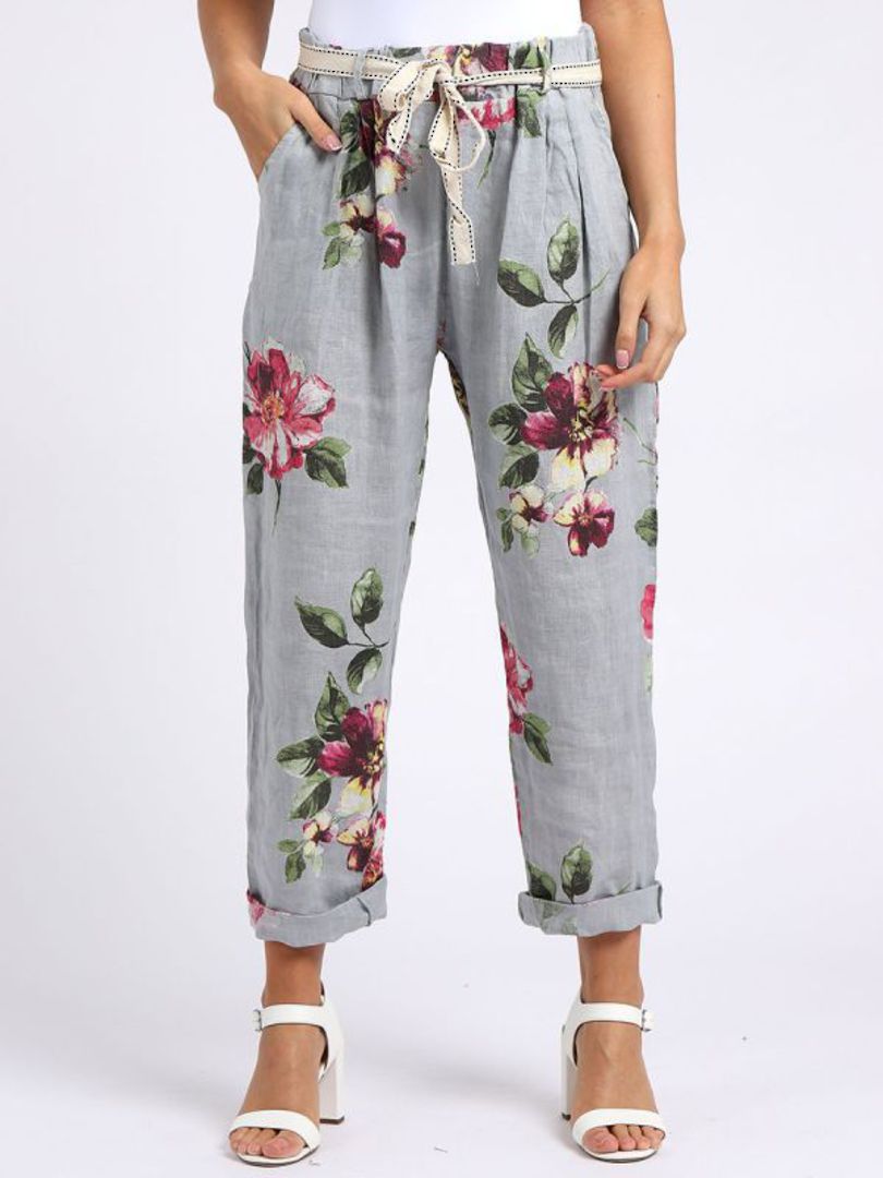 Marcella Linen Trousers Floral Grey image 1