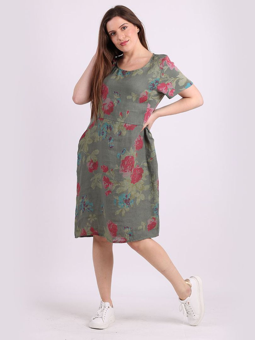 Fleur Rose Linen Dress Khaki image 1