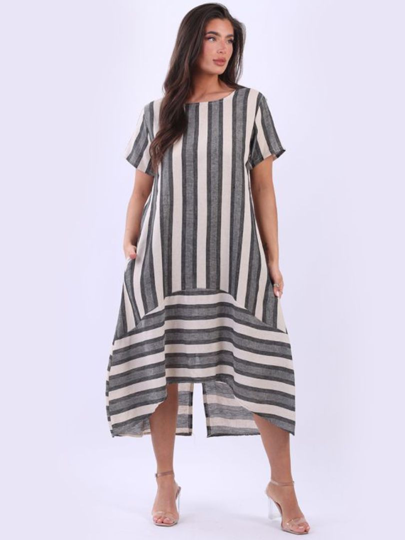 Saskia Border Stripe Linen Dress Charcoal image 0