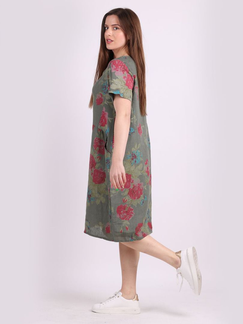 Fleur Rose Linen Dress Khaki image 3