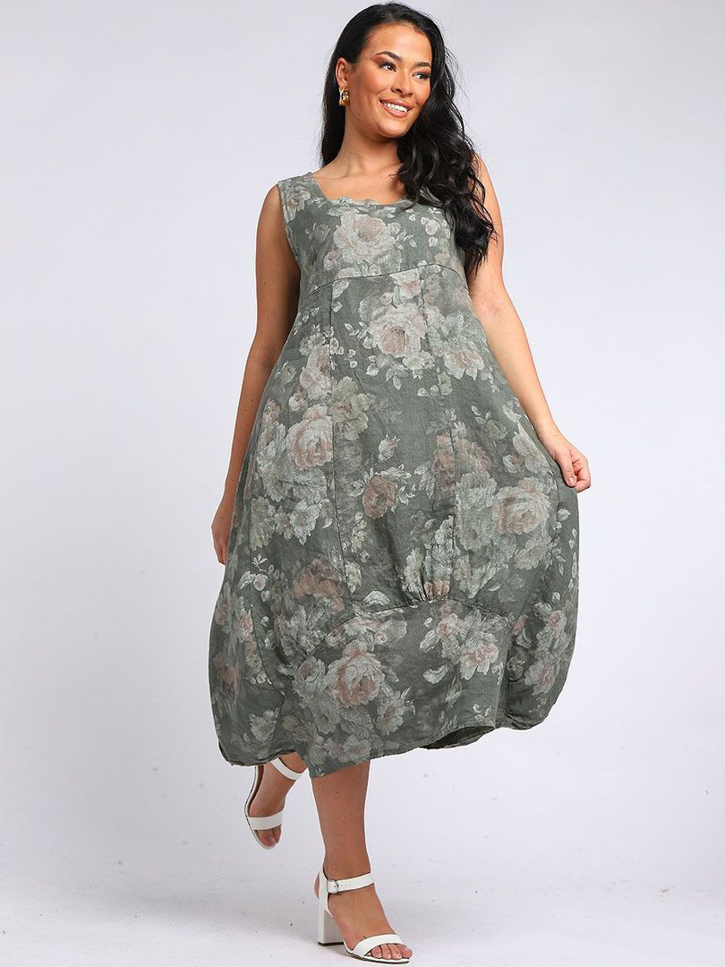 Gabriella Floral Linen Dress Khaki image 3