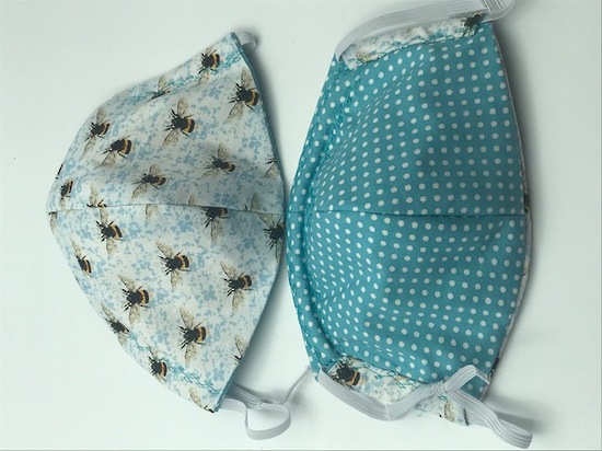 Blue Bee Haven with White Polka Dots on Light Blue on Reverse Side - Reversible Limited Edition Face Mask image 0