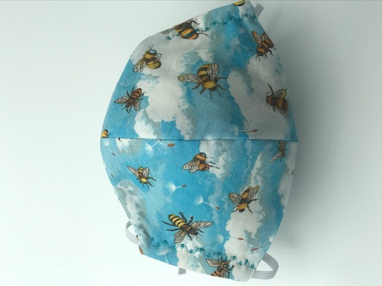 Bees with Clouds with White Polka Dots on Light Blue on Reverse Side - Reversible Limited Edition Face Mask image 1