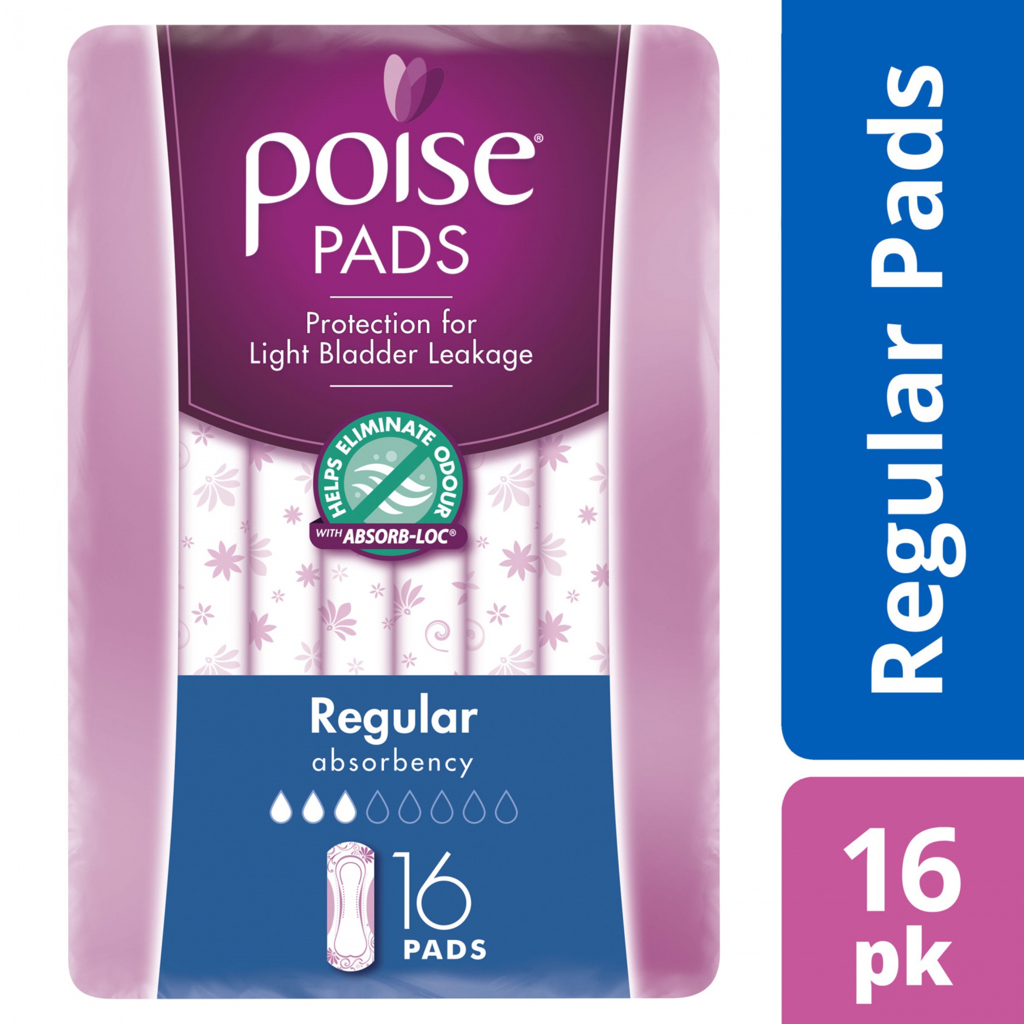 POISE PADS, MODERATE, LONG, 16's