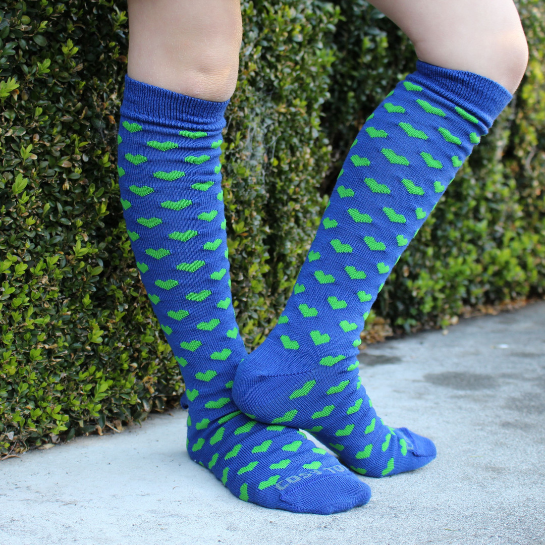 Long Merino Blue Lime Heart Socks - Child image 0