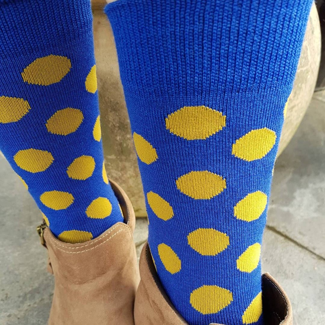 Merino Dot Socks - Blue with mustard - Womens one size fits all. image 0