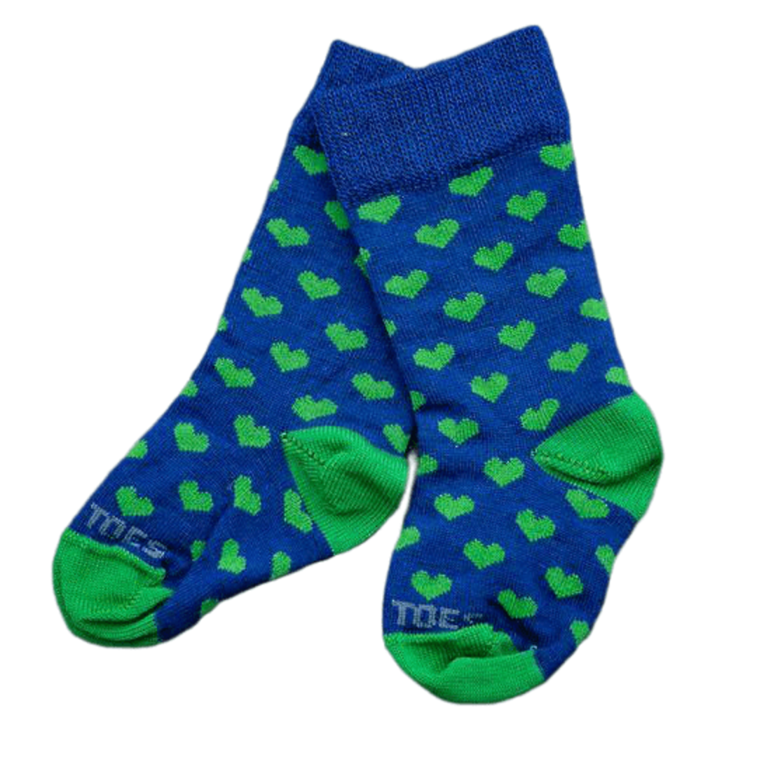 Long Merino Heart Baby Socks - blue with lime hearts image 0