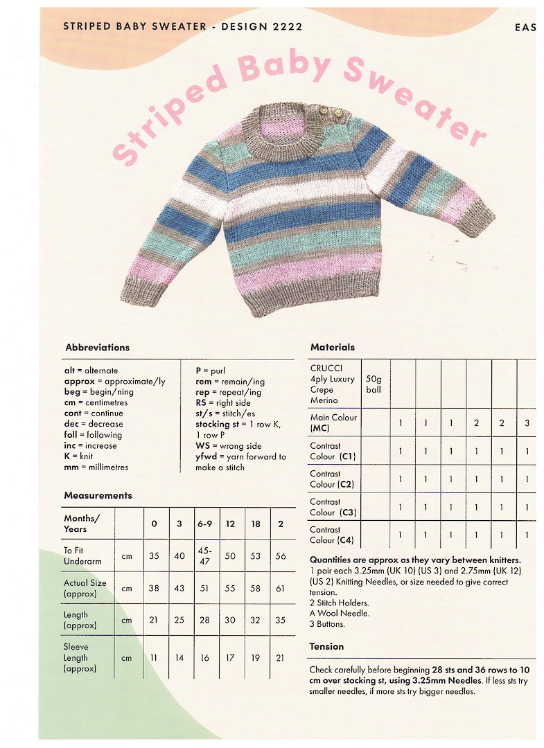 4ply Baby Striped Sweater Knitting Pattern - Crucci 2222 image 2