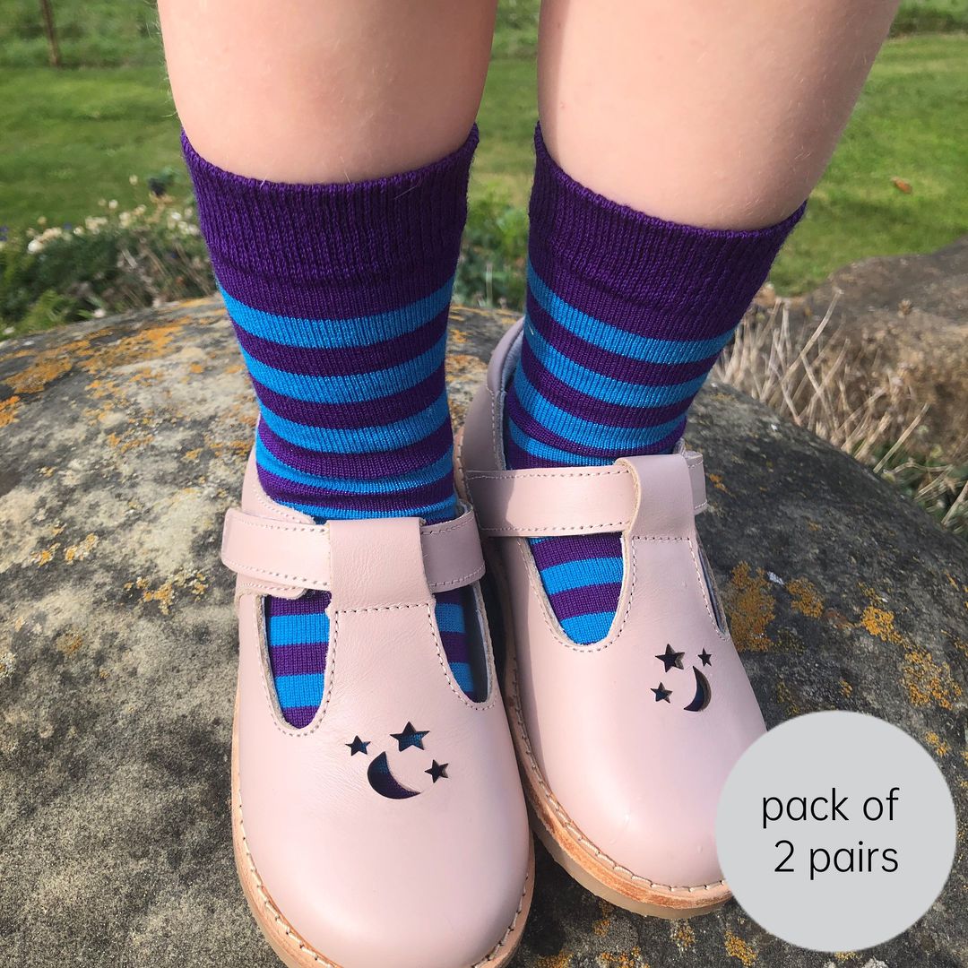 Merino Crew Socks - Purple with Teal Stripes image 0