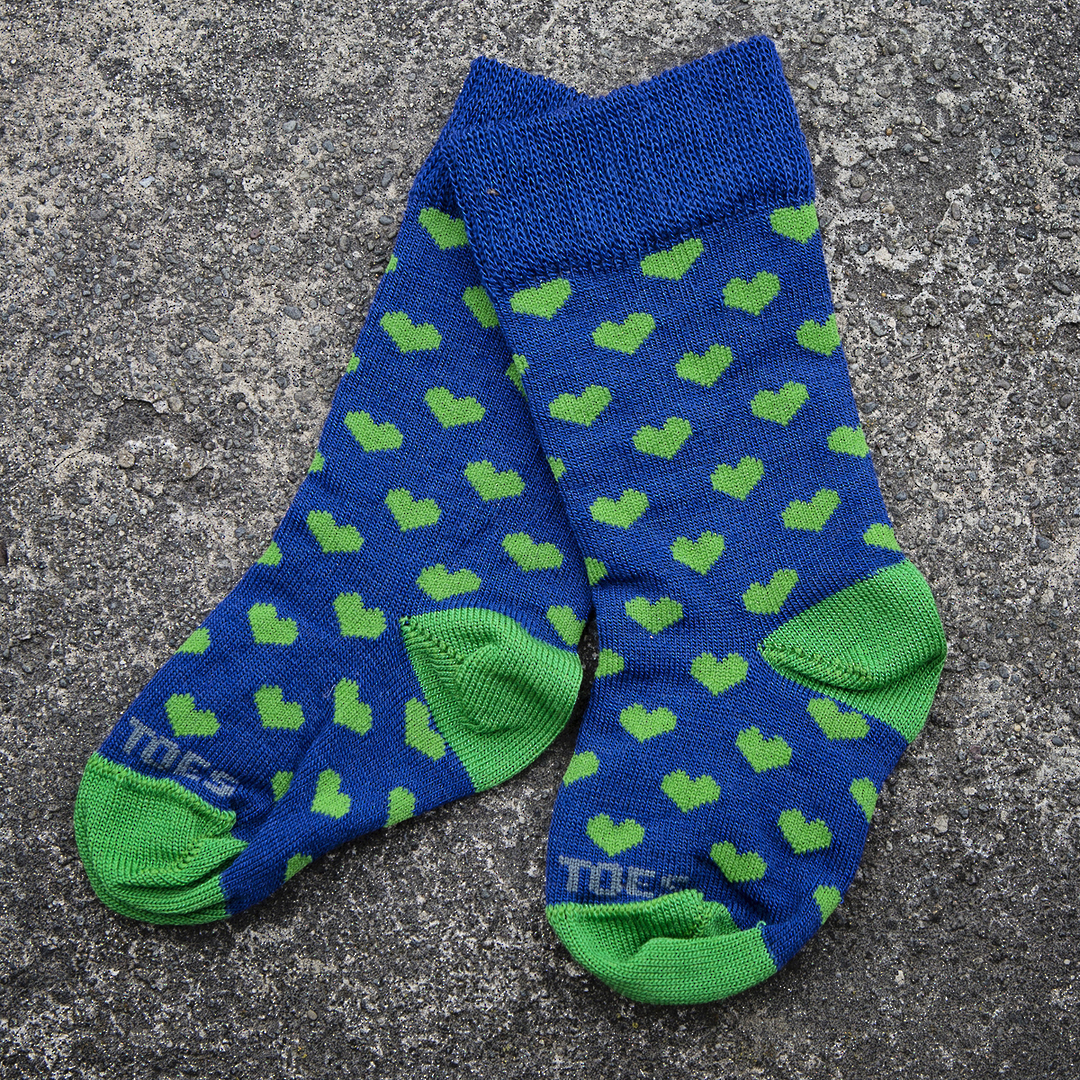 Long Merino Heart Baby Socks - blue with lime hearts image 0