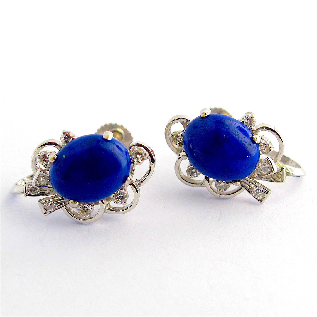 18ct white gold lapis lazuli & diamond 'screw on' earrings image 0