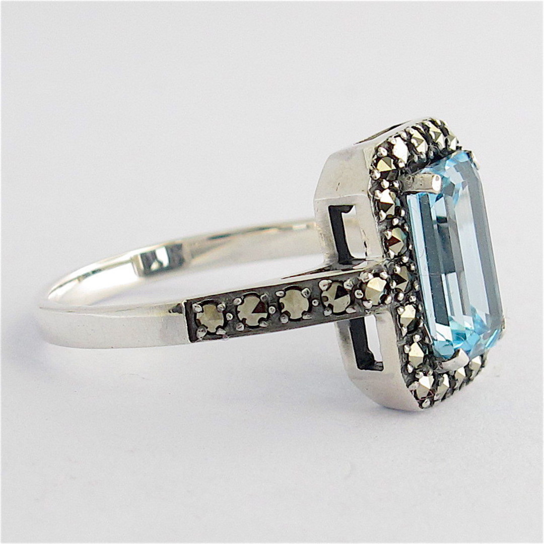 Sterling silver emerald cut blue topaz and marcasite ring image 1