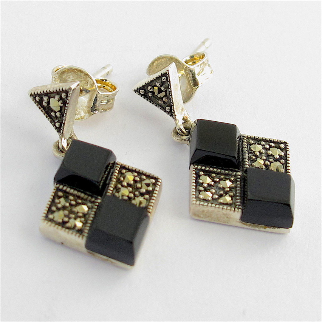 Sterling silver onyx and marcasite diamond shaped drop earrings image 0