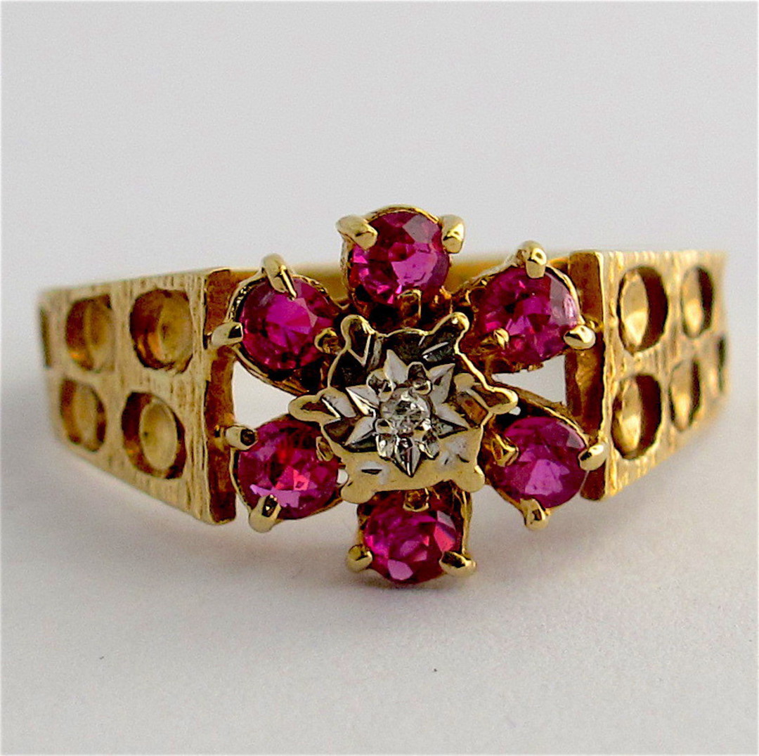 9ct yellow and white gold natural ruby and diamond flower cluster ring image 0