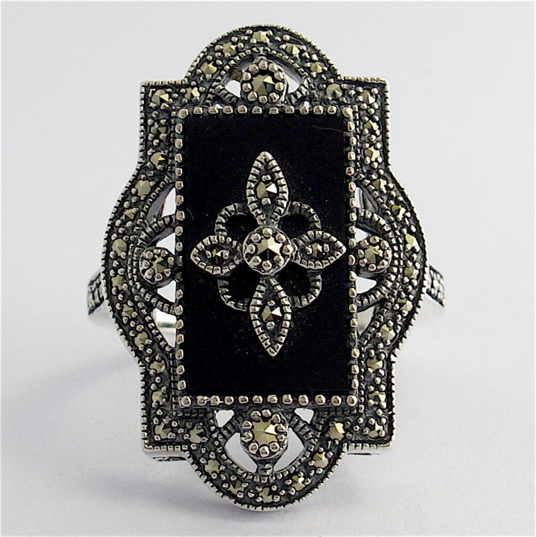 Sterling silver onyx and marcasite dress ring image 0