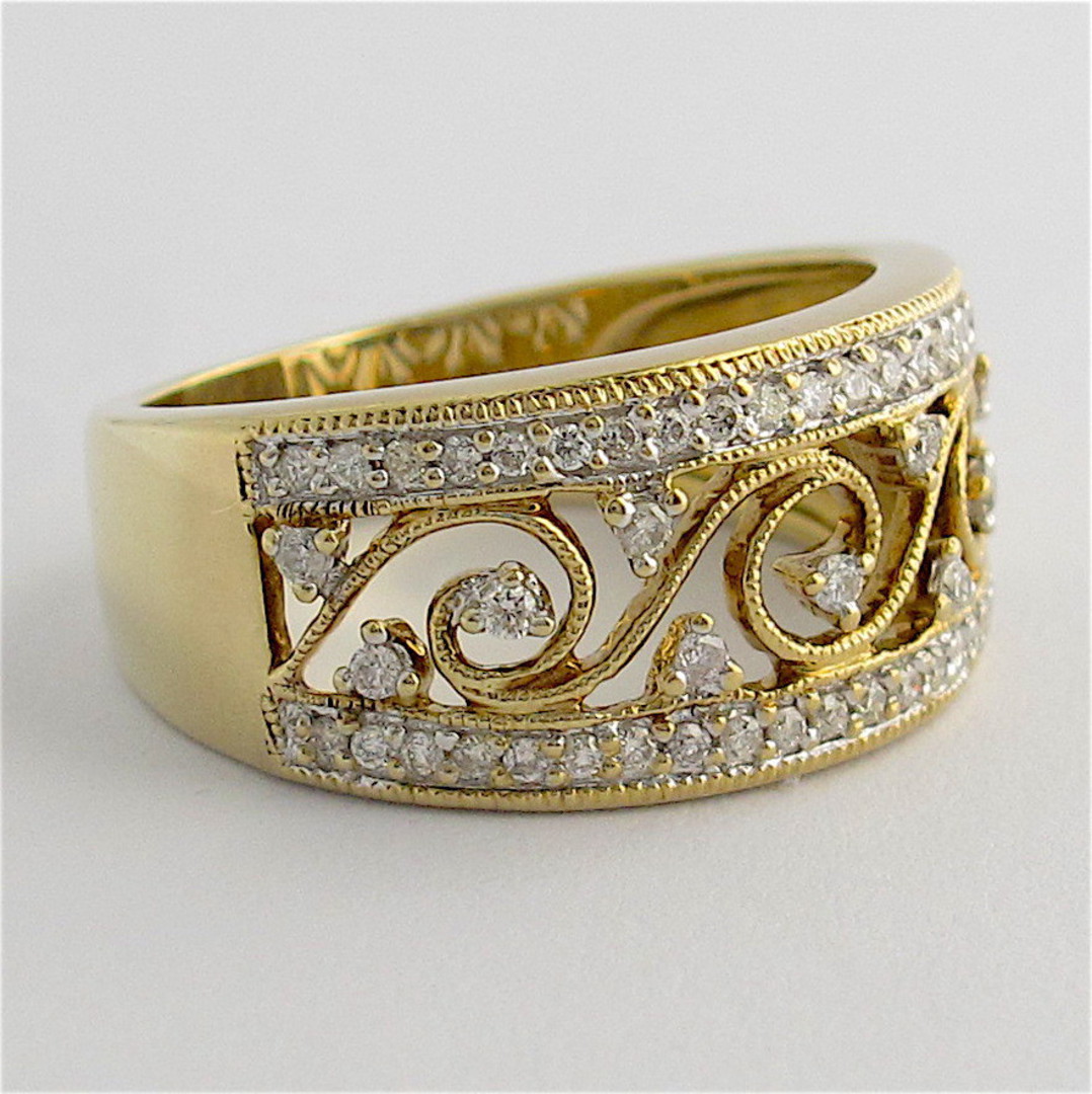 9ct yellow and white gold patterned open band multi diamond ring image 1