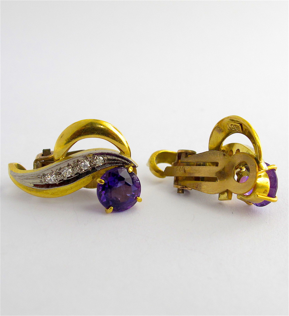 9ct yellow and white gold amethyst and diamond clip on earrings image 1