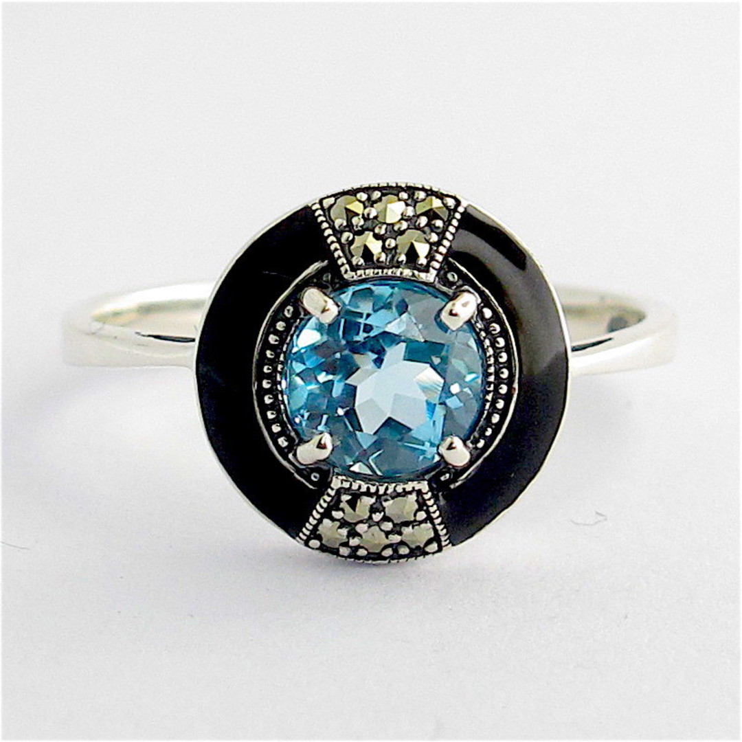 Sterling silver blue topaz, marcasite and enamel dress ring image 0