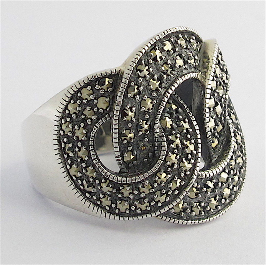 Sterling silver and marcasite cross over style ring image 1