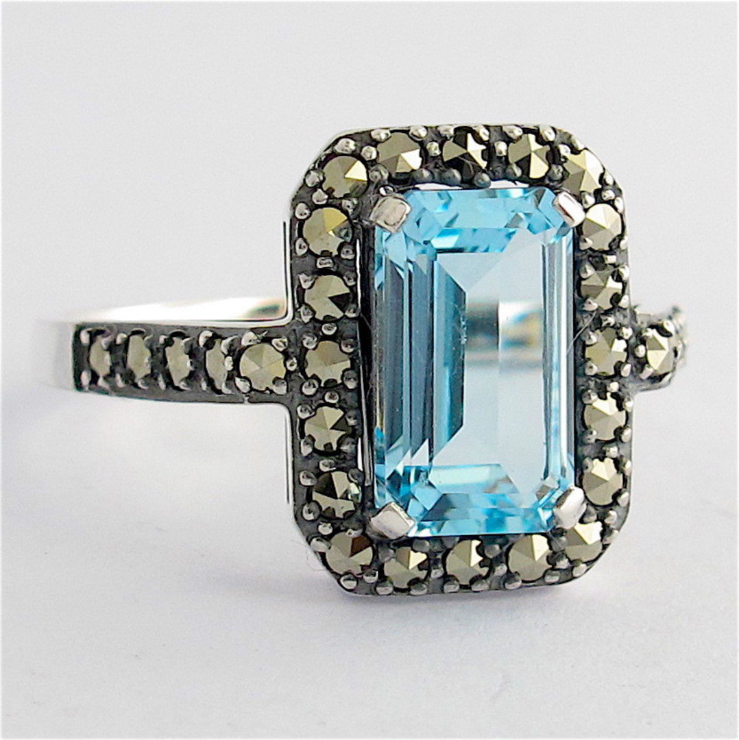 Sterling silver emerald cut blue topaz and marcasite ring image 0