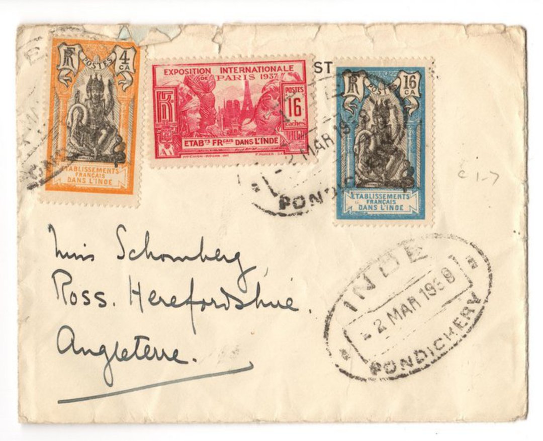 FRENCH INDIAN SETTLEMENTS 1938 Letter from Pondicherry to England. - 37530 - PostalHist image 0