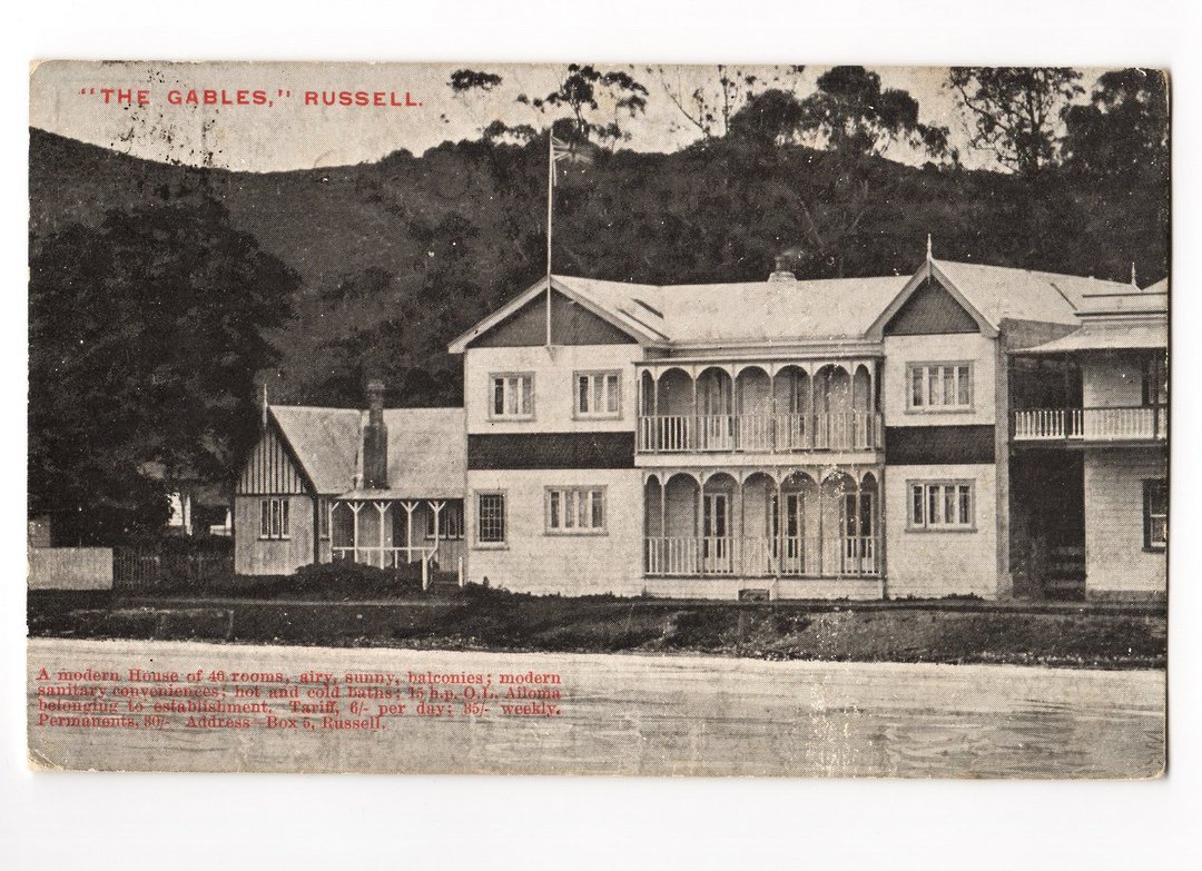 Postcard by Darby of The Gables Russell. Advertising card. (Darby owned the Establishment). A Class cancel RUSSELL on ½d Edward image 0
