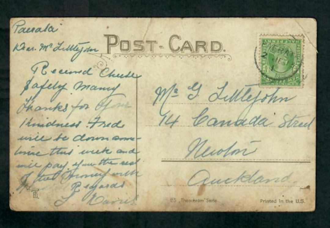 NEW ZEALAND Postmark Auckland PAERATA. A Class cancel on postcard 1913. Full striake but light. The postcard is tired but not to image 0