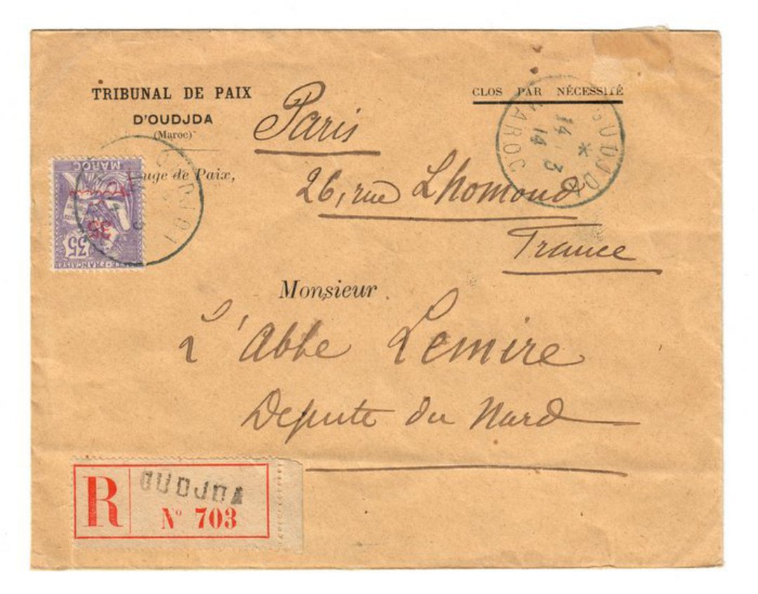 FRENCH MOROCCO 1914 Registered Letter from D'Oudjda to Paris. - 37715 - PostalHist image 0