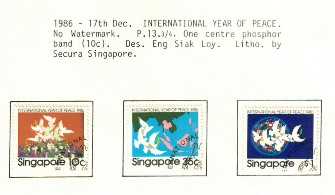 SINGAPORE 1986 International Year of Peace. Set of 3. - 59651 - VFU image 0