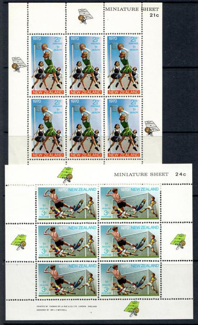 NEW ZEALAND 1970 Health set of 2 Miniature Sheets.  Basketball and Soccer. - 12670 - UHM image 0