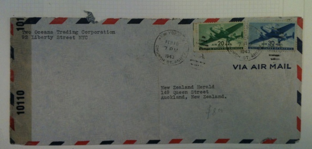 USA 1943 Censored Cover to New Zealand. Examined by 10110. image 0