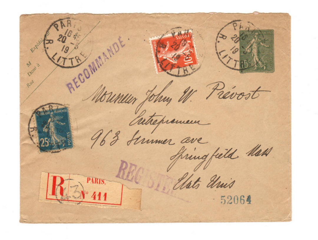 FRANCE 1919 Registered Letter posted from Paris to USA 20/5/1919. Backstamped New York 2/6/1919 and Springfield 3/6/1919. Printe image 0