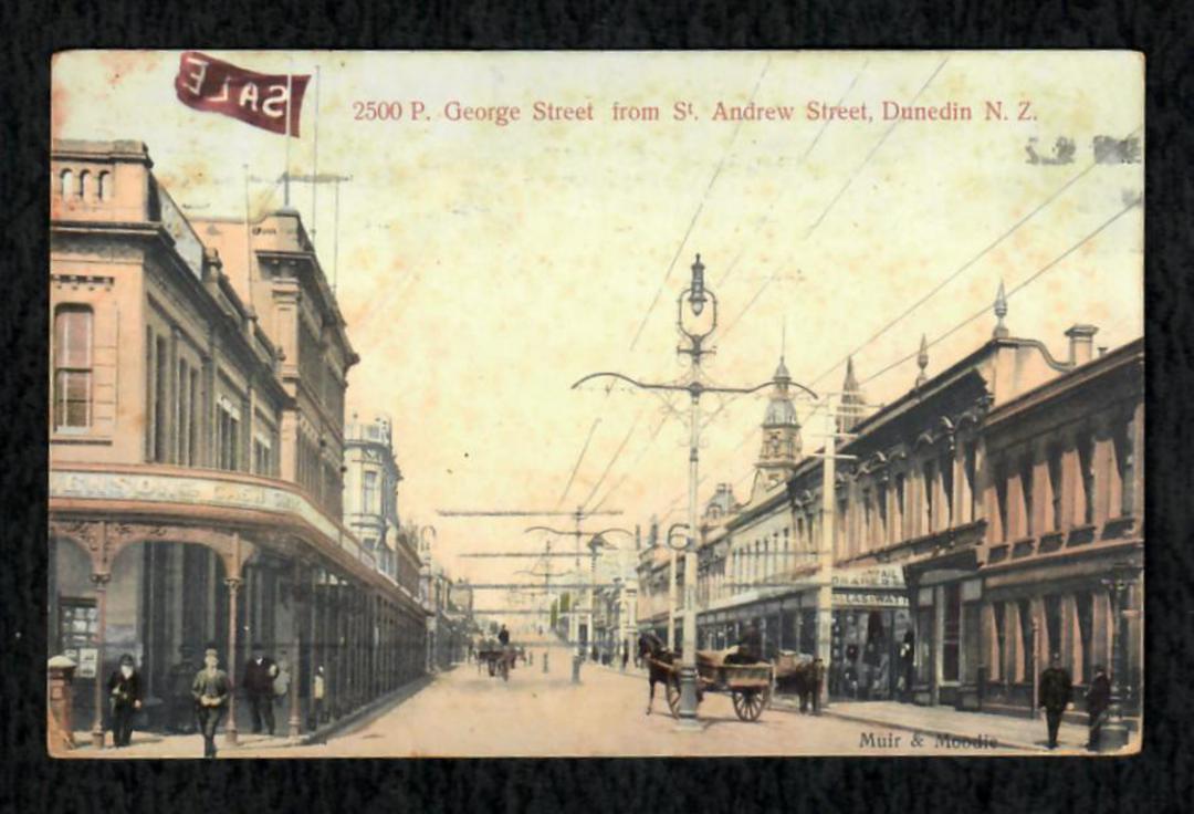Tinted Postcard of George St from St Andrew St Dunedin. - 49146 - Postcard image 0