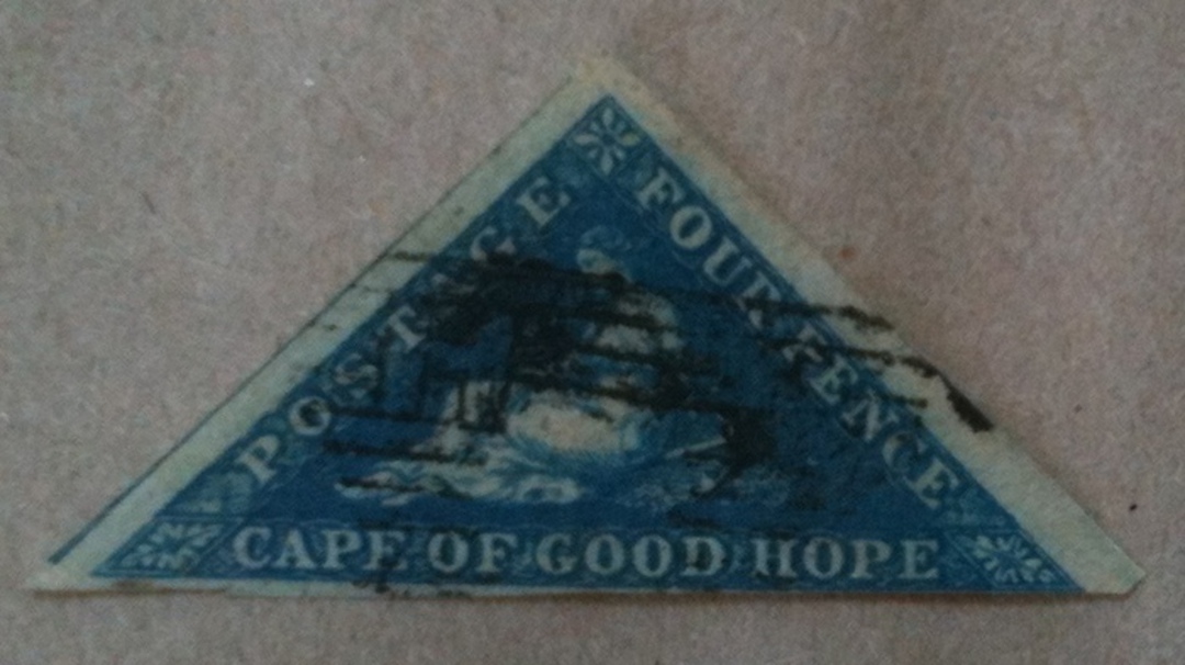 CAPE OF GOOD HOPE 1853 Triangle 4d Deep Blue. Cut close bottom right. Blued paper. Postmark good. - 20003 - Used image 0
