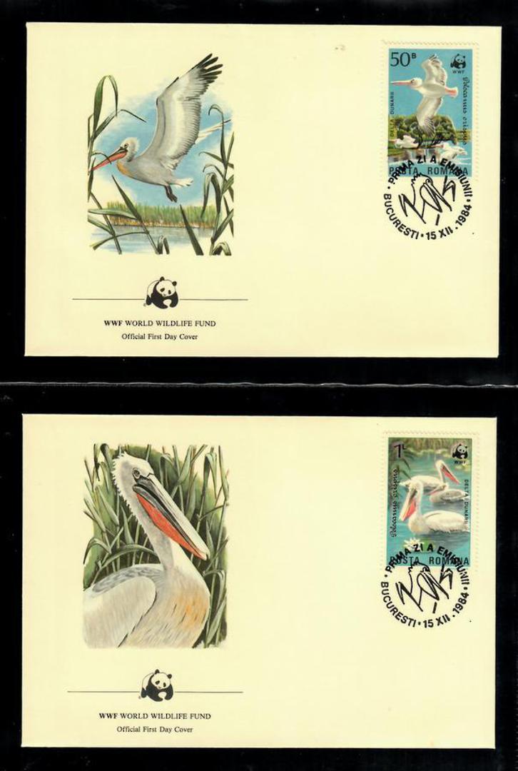 RUMANIA 1984 World Wildfile Fund. Pelican. Set of 4 in mint never hinged and on first day covers with 6 pages of official text. image 1