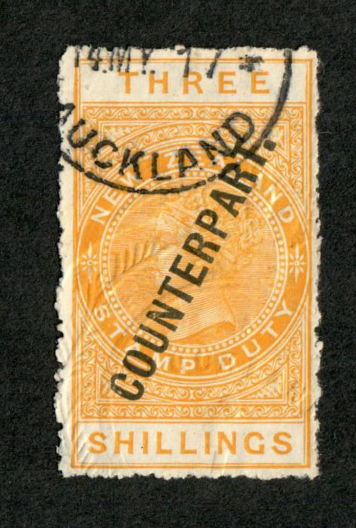 NEW ZEALAND 1887 Victoria 1st Long Type Fiscal 3/- Orange-Yellow. Counterpart. Unpunched. - 39774 - Fiscal image 0