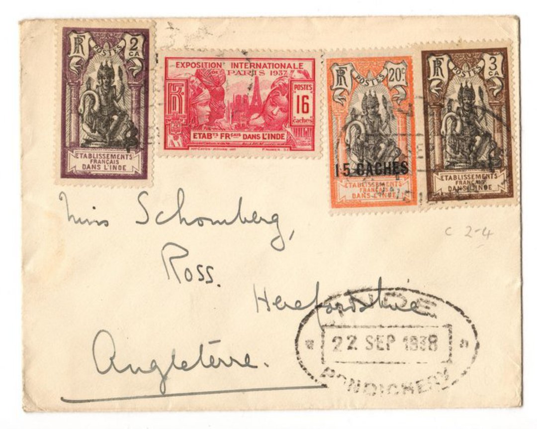 FRENCH INDIAN SETTLEMENTS 1938 Letter from Pondicherry to England. - 37519 - PostalHist image 0