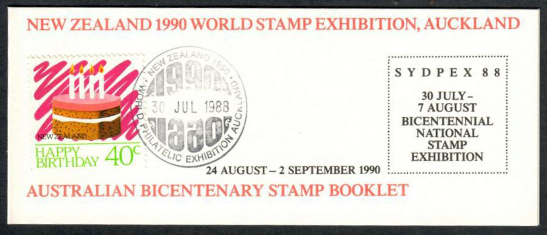 NEW ZEALAND 1990World Stamp Exhibition. Booklet issued at Sydpex 1988 with 6 austra;ian Bicentenary Stamps. On cover is Happy Bi image 0