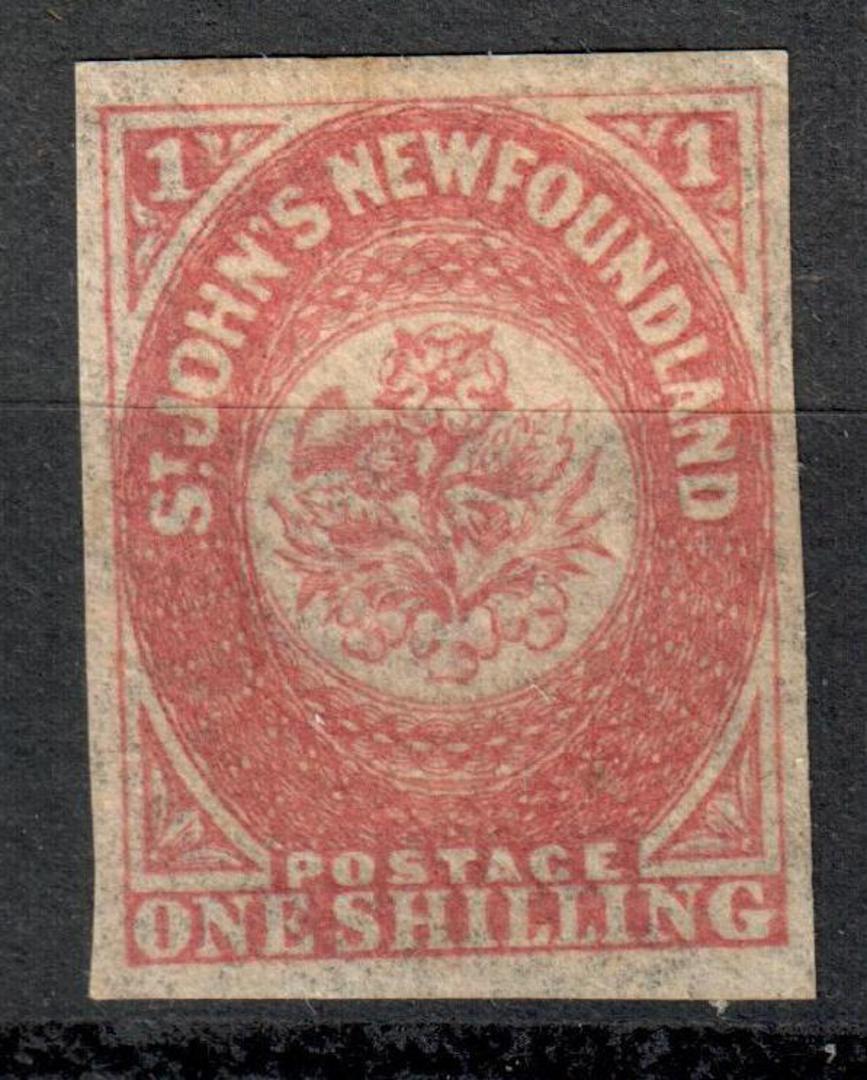 NEWFOUNDLAND 1861 Definitive 1/- Rose-Lake.. 4 excellent margins. Hinge remains with not much original gum. Hinge remains. with image 0