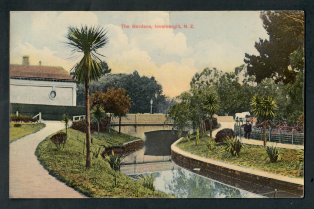 Coloured postcard by Muir and Moodie of The Gardens Invercargill. - 249304 - Postcard image 0