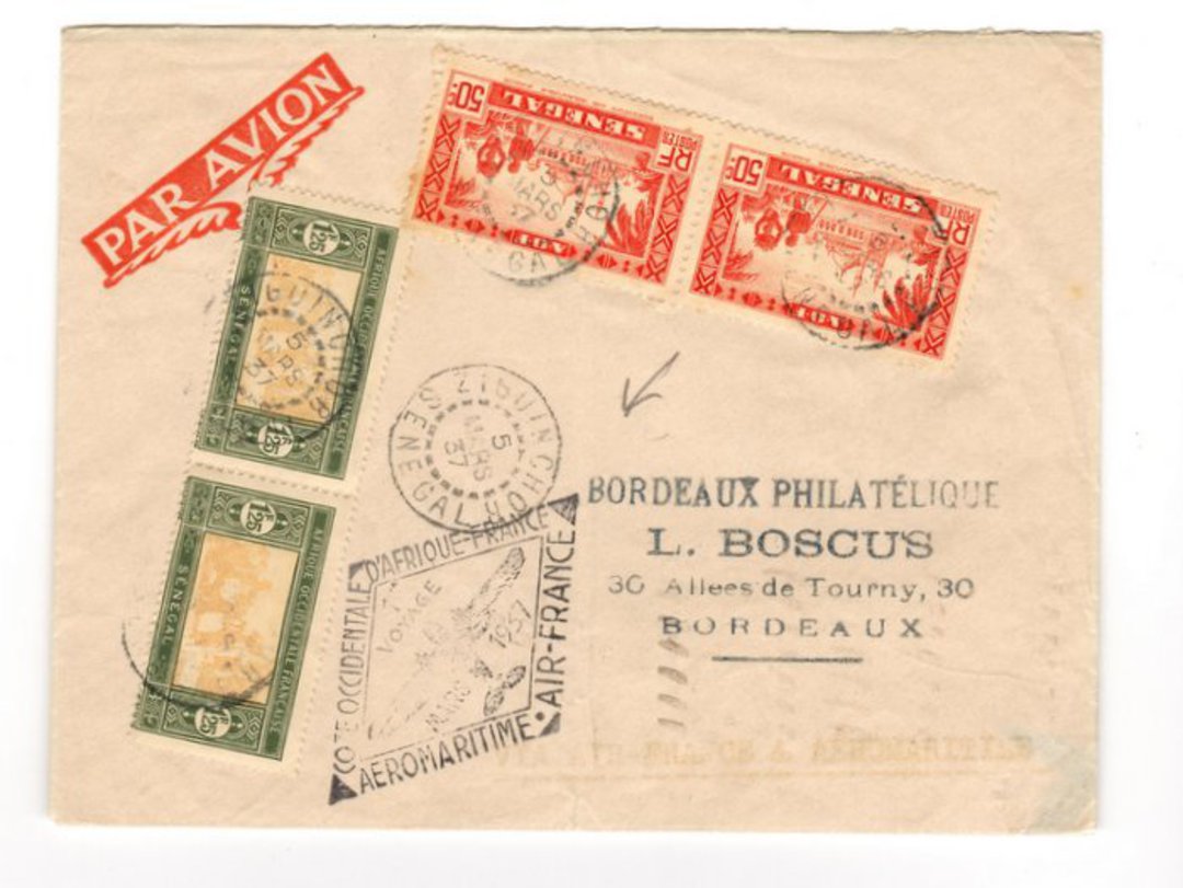 SENEGAL 1937 Airmail Letter from Ziguinchor to Bordeaux. French West Africa Air France Aeromaritime cachet. - 38210 - PostalHist image 0