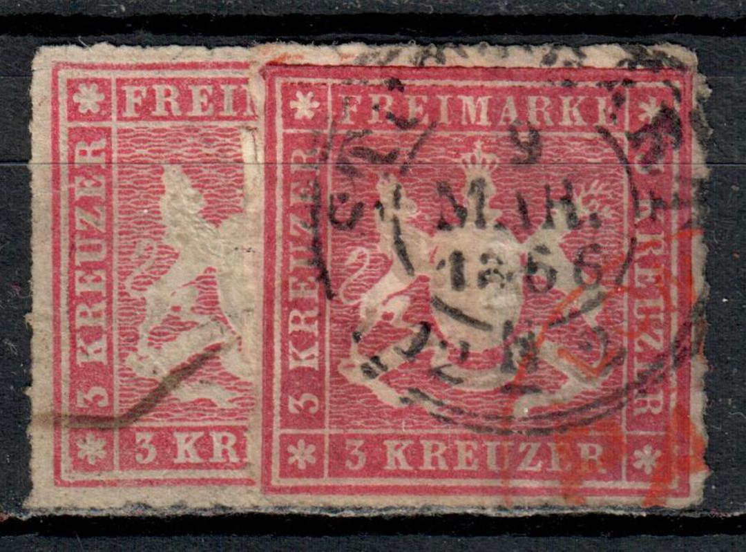 WURTTEMBERG 1862 Definitive 3kr Claret. Roulette 10. Nice Postmark. Clear match to the SG colour guide. Also the Rose shade for image 0