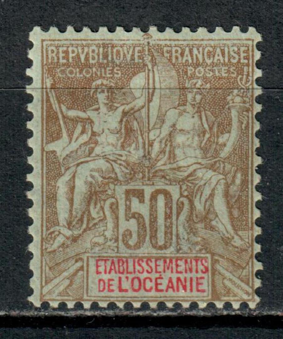 FRENCH OCEANIC SETTLEMENTS 1900 Definitive "Tablet" type 50c Brown on azure. Reasonable copy. Slight thin. - 72329 - Mint image 0